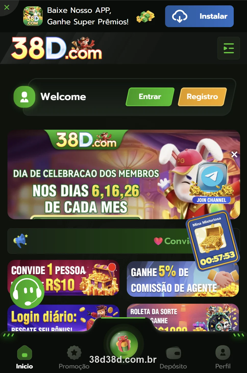 Tela inicial do app 38D